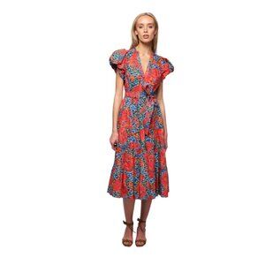 Ulla Johnson Ottilie Midi Shirt Dress Womens 8 Flamingo Orange Blue Cotton VNeck